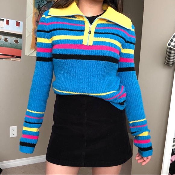 Vintage 80s colourful collared knit sweater - Picture 1 of 4